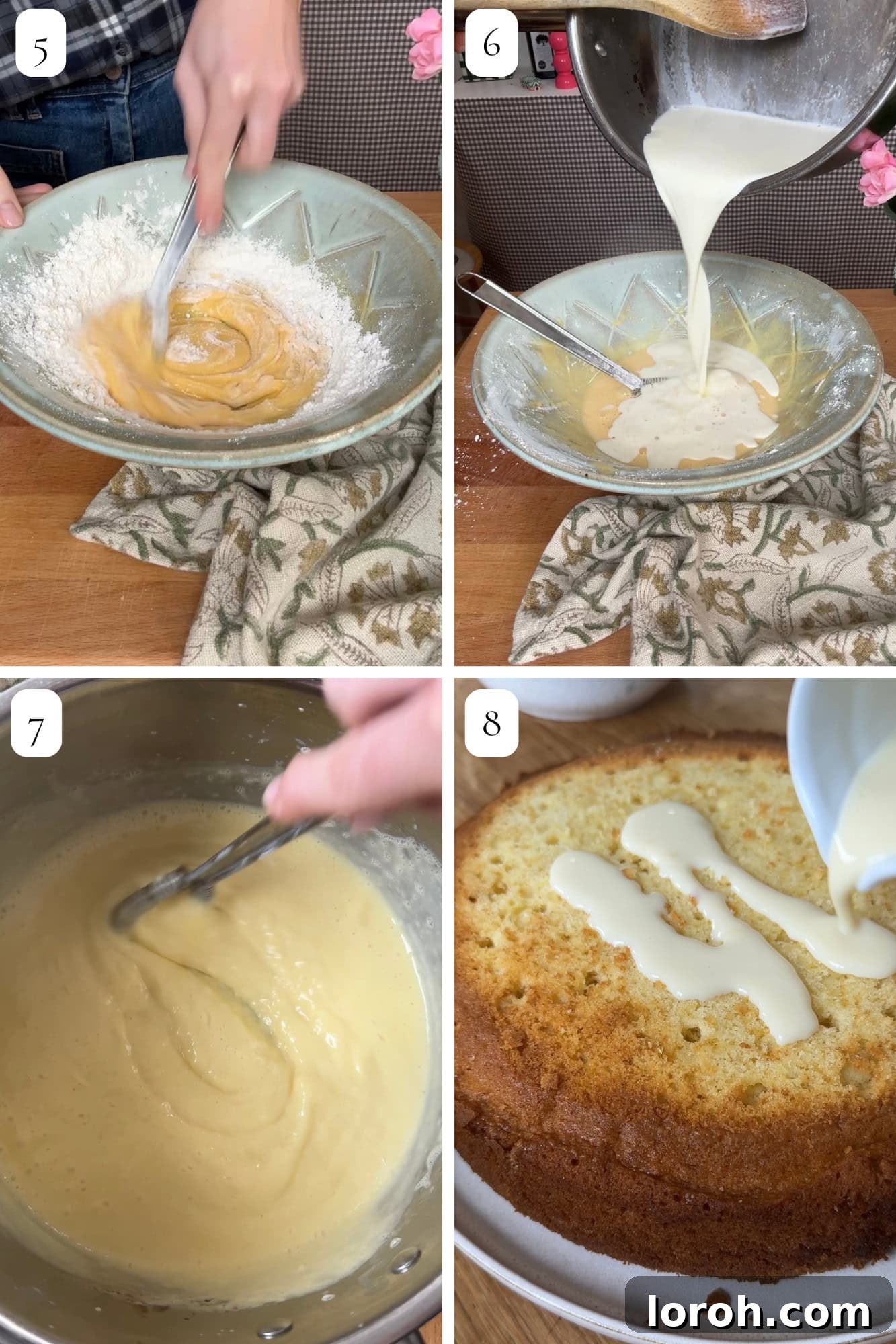 No-Fuss Torched Custard Cake 5 Step five of making creme brulee cake: adding plain flour and cornflour to the egg yolk mixture, whisking until smooth.