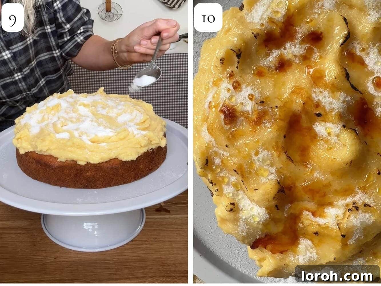 No-Fuss Torched Custard Cake 6 Step nine of making creme brulee cake: spreading custard and sprinkling caster sugar evenly over the custard.