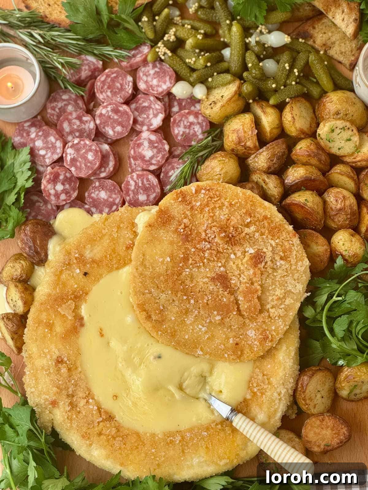 A stunning deep fried brie wheel on a charcuterie board, ready to be served with a spoon.