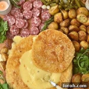 Deep fried brie with a spoon on a charcuterie board, garnished with fresh herbs.