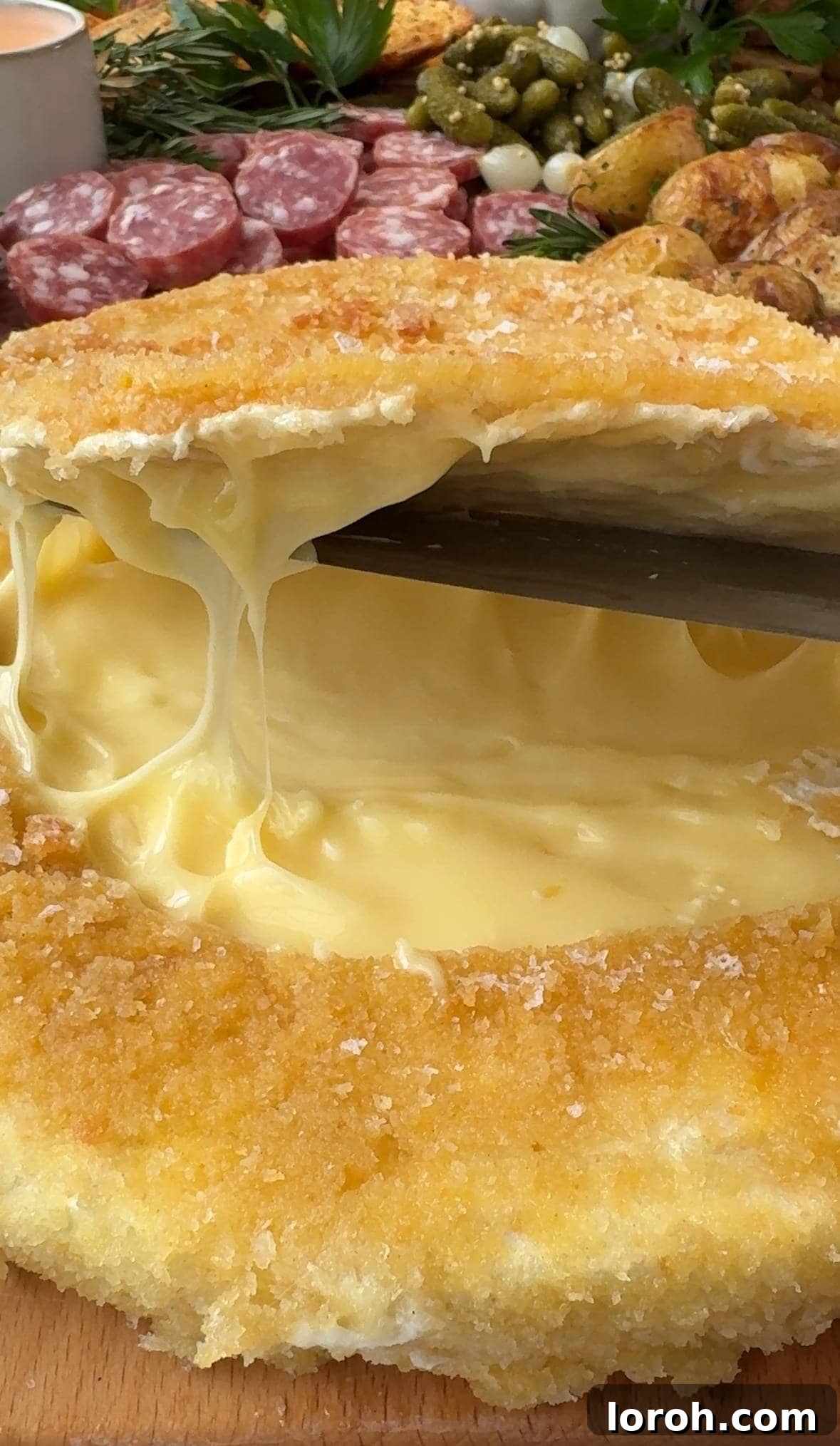 Opening a deep fried brie to reveal its melted, gooey center, steam rising.