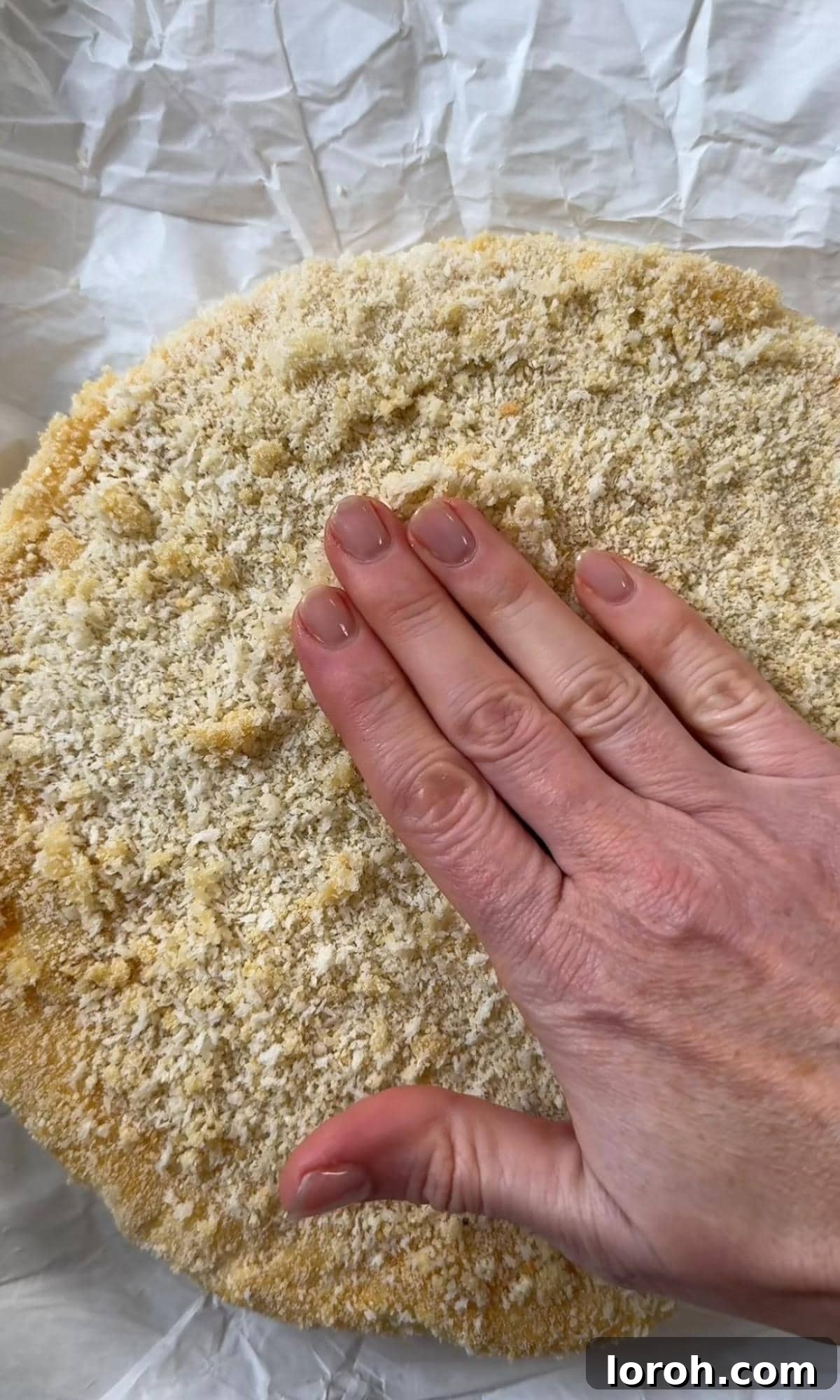 Firmly pressing panko breadcrumbs onto a wheel of brie to create a solid, even coating before frying.
