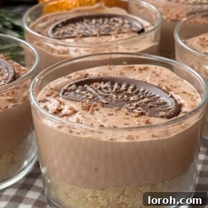 Two individual chocolate orange cheesecakes in small glass pots.