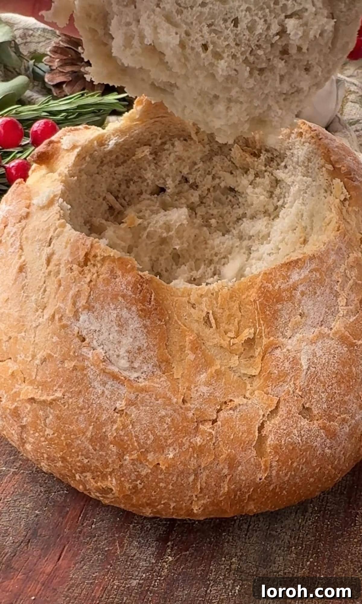 Golden Baked Camembert 5 Removing the lid and hollowing out the cob loaf.