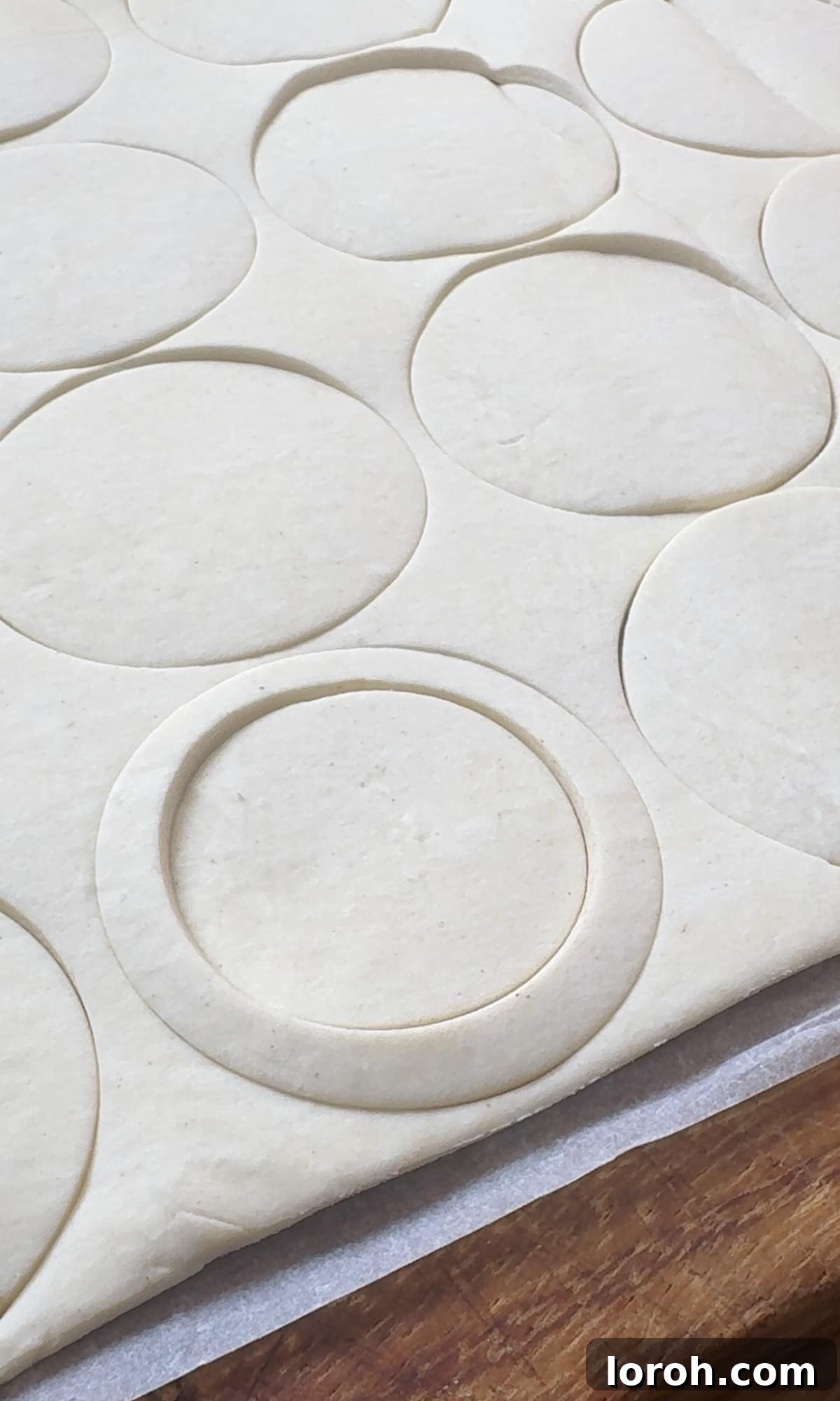 Using a round cutter to precisely cut circles from a sheet of puff pastry, creating the bases for the vol-au-vents.