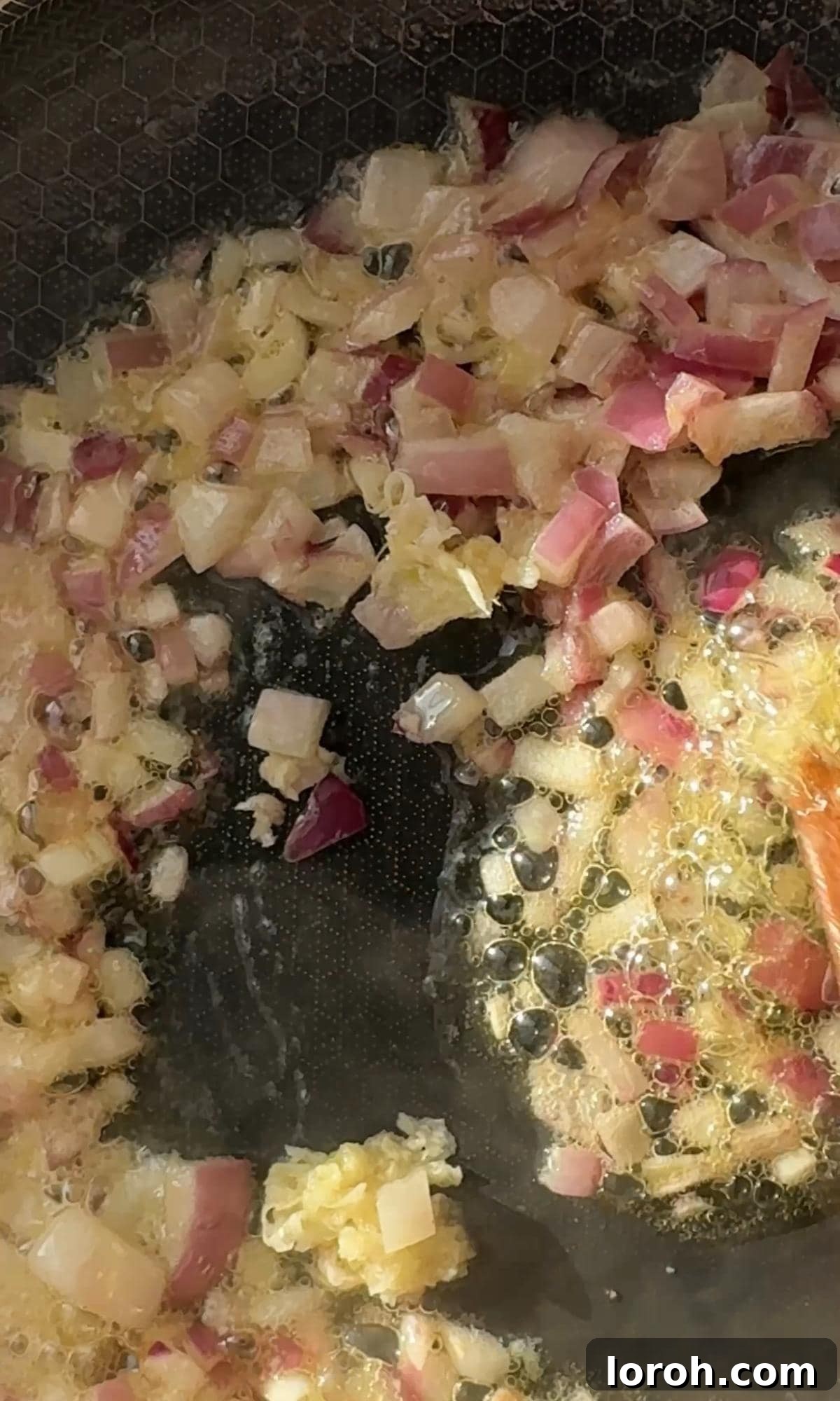 Garlic Butter Turkey Ham Pie Revival 4 frying red onion.