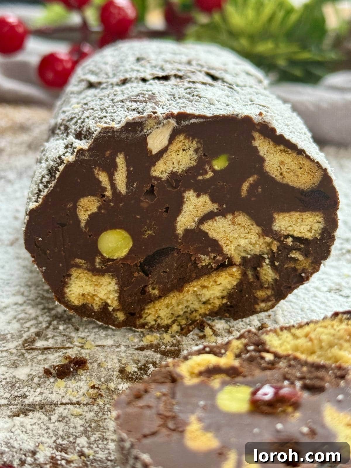 Decadent Chocolate Salami 3 cross section of chocolate salami showing the mix-ins.