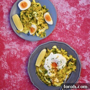 Delicious Kedgeree topped with a perfectly poached egg and fresh chives, ready to be served