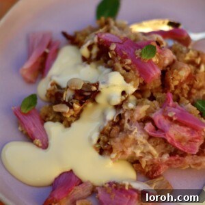 A beautifully baked Rhubarb & Ginger Crumble, golden brown and served warm with a side of creamy homemade custard.
