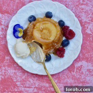 Delicious mini pineapple upside down cakes, individually served with a drizzle of fudge sauce.