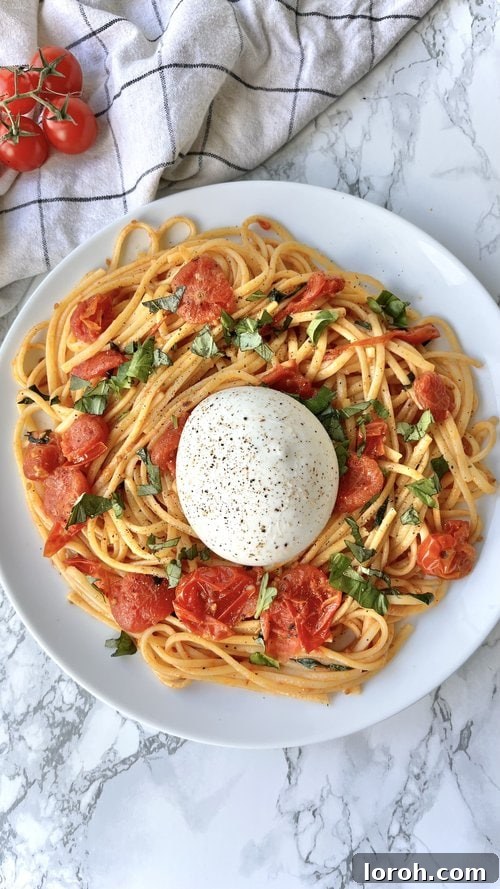 Bursting Burrata Tomato Pasta 2 A beautifully plated dish of Burrata Pasta with fresh basil and cherry tomatoes.