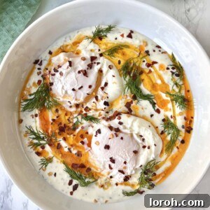 A beautifully plated bowl of Turkish Eggs (Çılbır) with a runny yolk and spiced butter