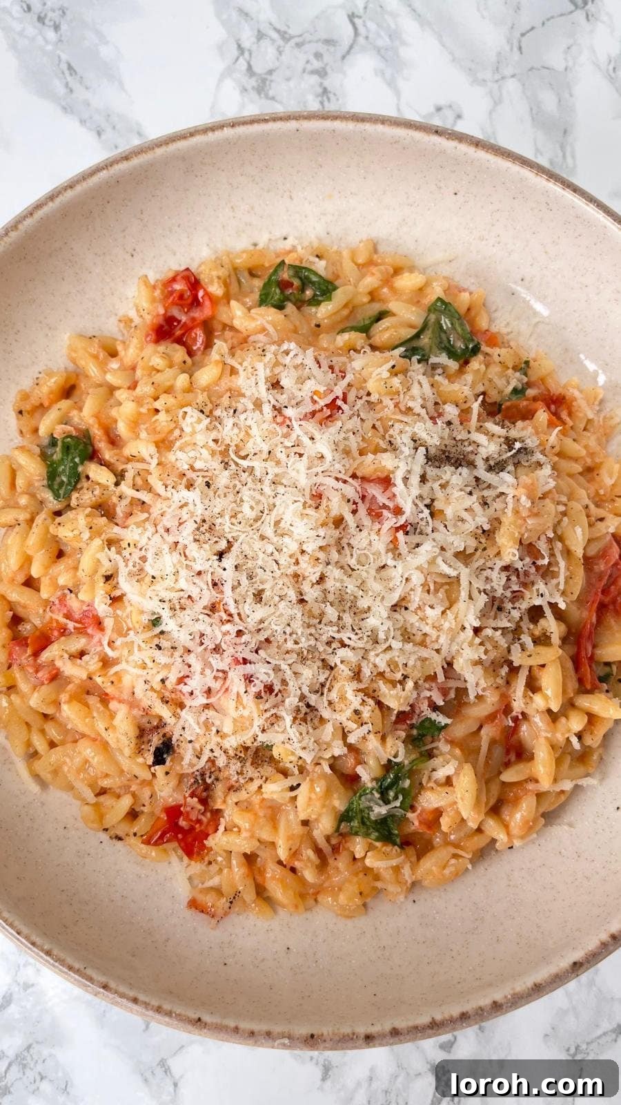 Velvety Tomato Mascarpone Orzo 2 creamy orzo with tomato and mascarpone in a beige bowl, garnished with basil.