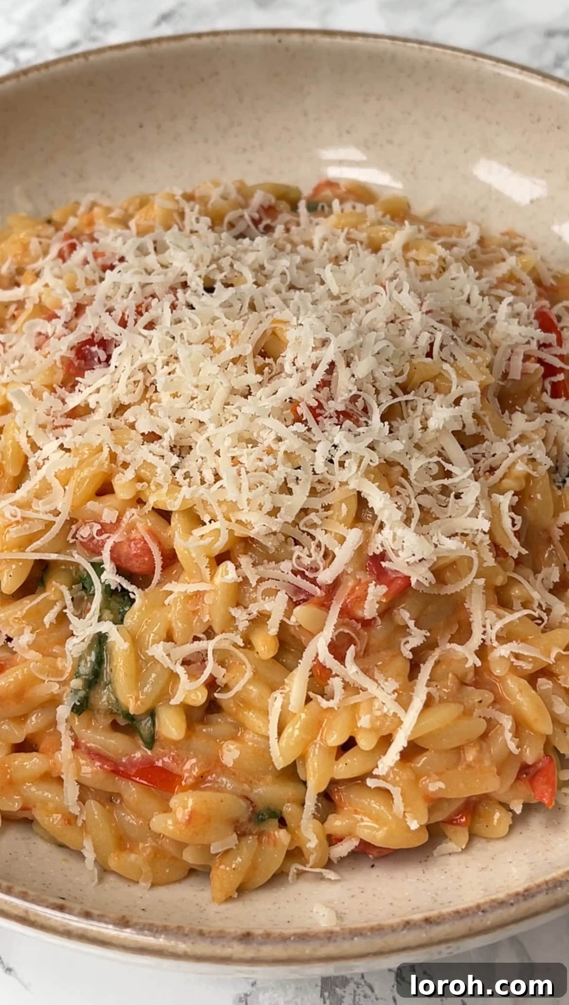 Velvety Tomato Mascarpone Orzo 9 creamy orzo with tomato and mascarpone in a beige bowl, topped with basil and parmesan.