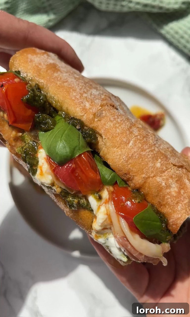 Burrata Caprese Prosciutto Sandwich Drizzled with Pistachio Pesto 3 Woman holding a perfectly crafted Burrata Caprese Sandwich, showcasing its delicious layers and artisanal appeal.