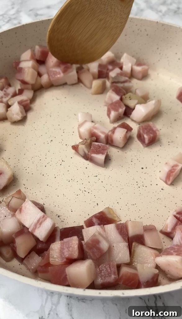 Carbonara, Elevated by Guanciale 4 frying guanciale from raw