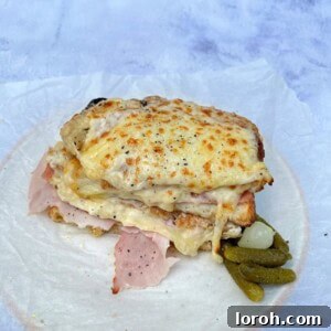 Classic Croque Monsieur sandwich, golden brown and topped with creamy béchamel sauce and melted cheese, served with cornichons and a green salad.