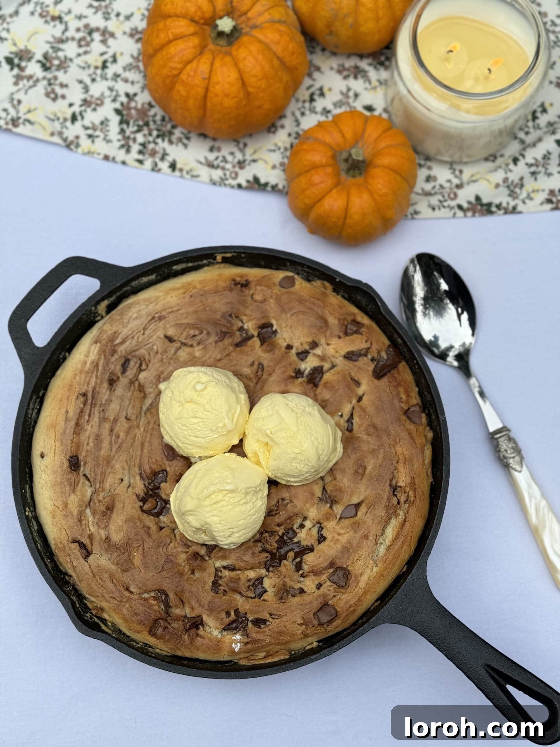 Effortless Condensed Milk Cookie Bars 12 Close-up of a baked Chocolate Chip Skillet Cookie, showing its golden-brown crust and melted chocolate.