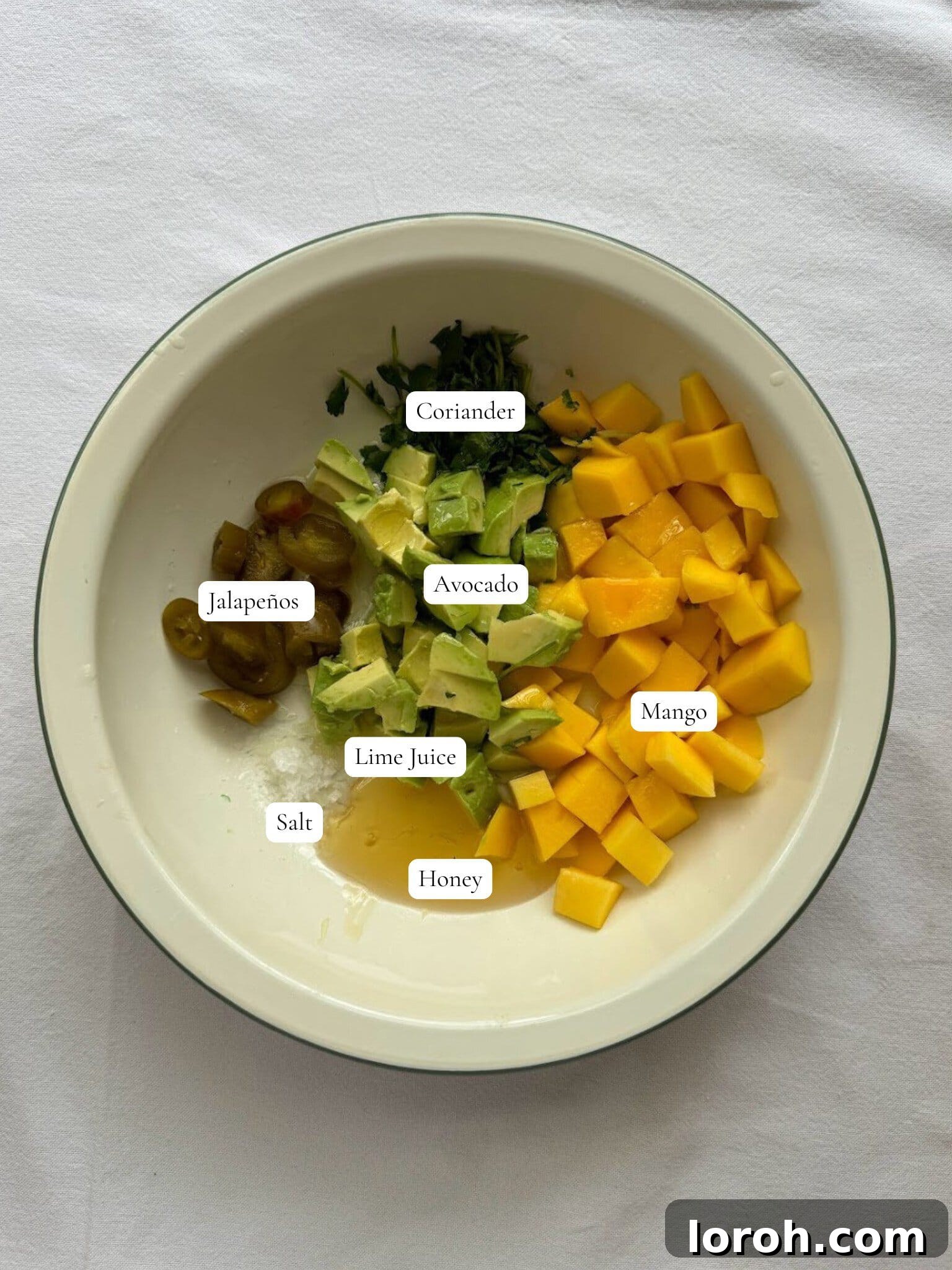 Fresh ingredients for mango avocado salsa, including diced mango, avocado, and jalapeños.