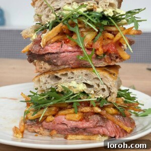 A beautifully presented stack of two halves of the ultimate rib eye steak sandwich, garnished with fresh rocket, alongside a mound of crispy homemade chips and a side of creamy bearnaise butter. The inviting textures and rich colors highlight its gourmet appeal.