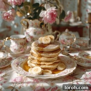 Fluffy banana pancakes stacked on a plate with syrup drizzled on top