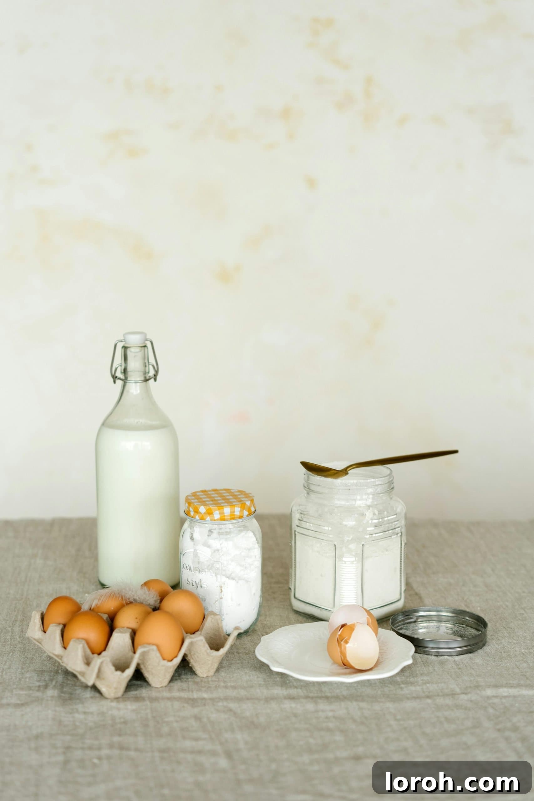 bottles of milk with eggs and flour, essential ingredients for baking, highlighting precise measurements.