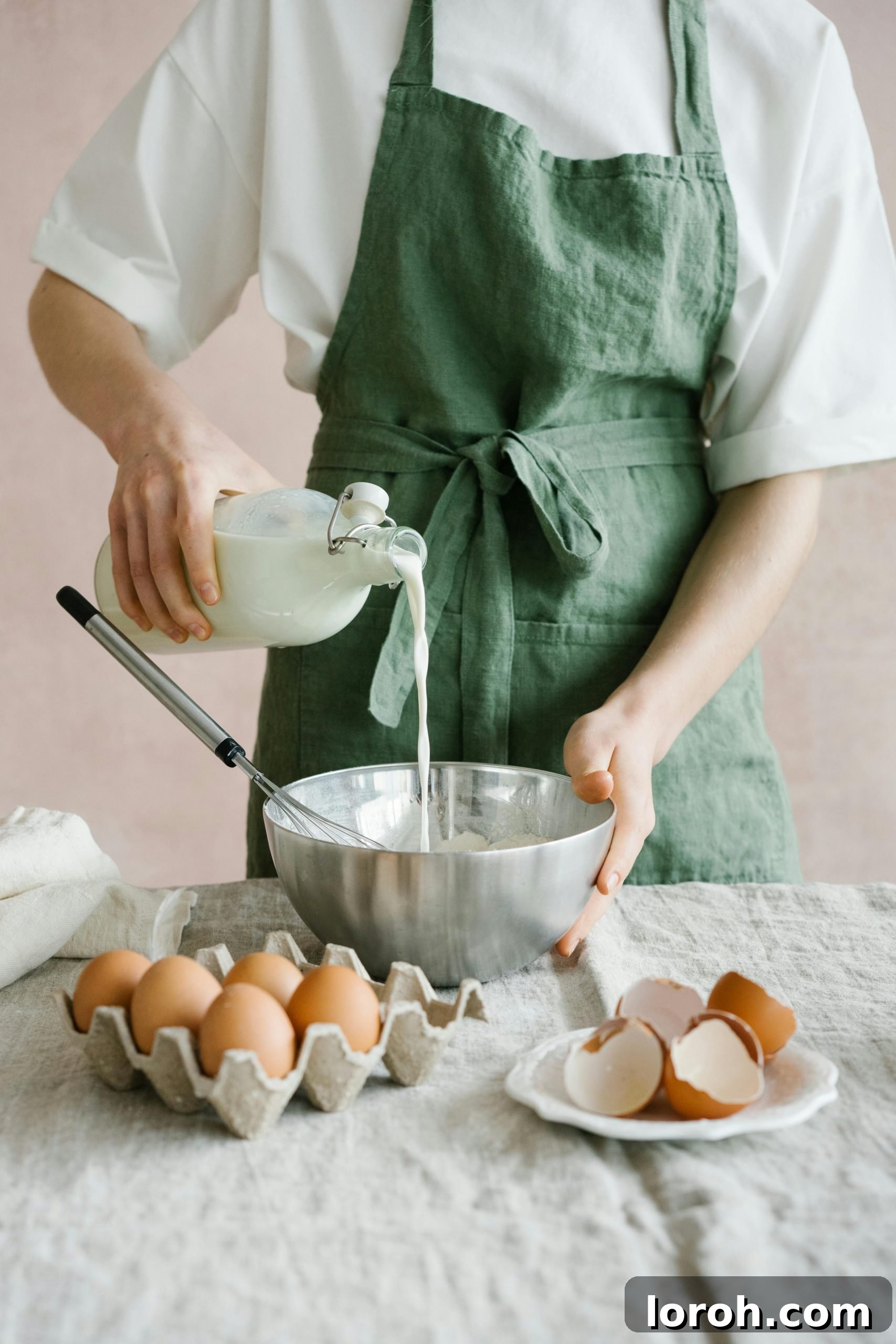 Ounces in a Cup Dry and Liquid Explained 2 Woman pouring milk from a glass bottle into the bowl with eggs in front.