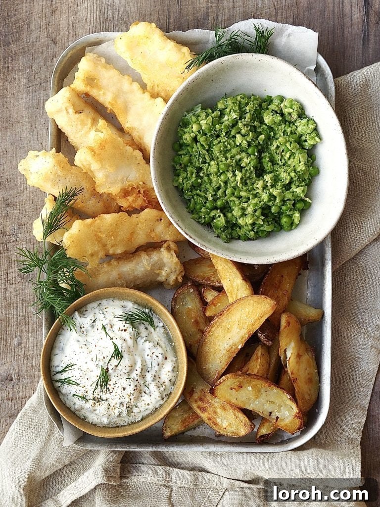 Golden Crispy Cod with Tartar Zing 6 A metal tray of tempura fish and chips with bowls of smashed peas and homemade tartare sauce.