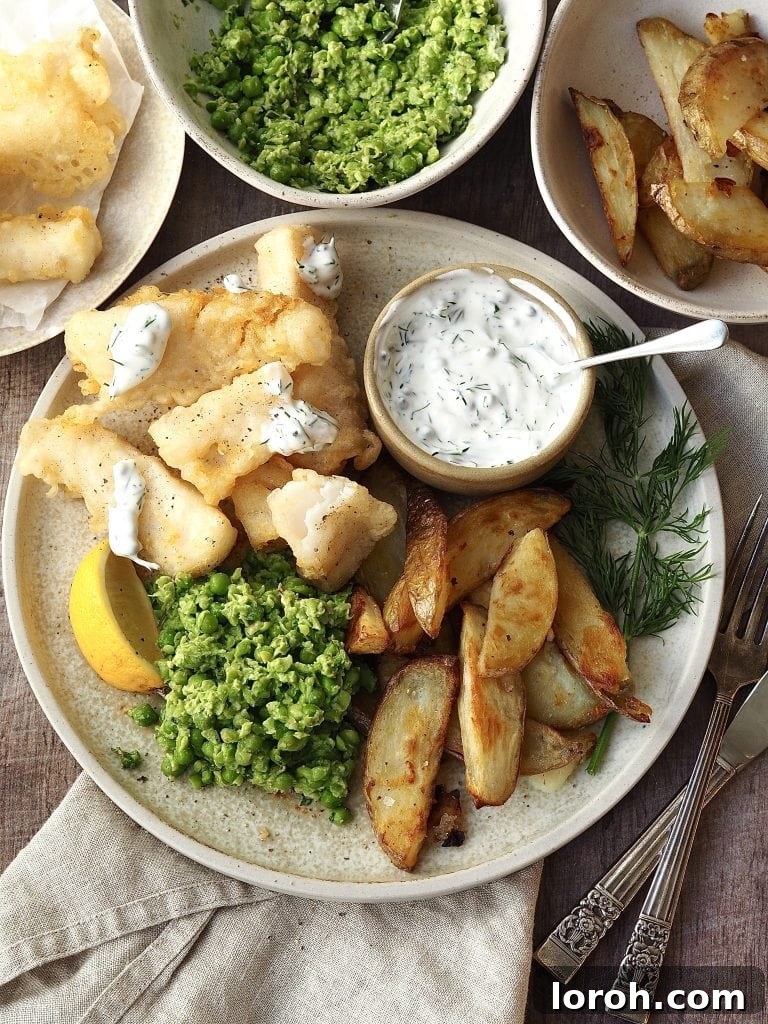Golden Crispy Cod with Tartar Zing 7 Plate of tempura cod and chips with homemade smashed minty peas and tartare sauce.