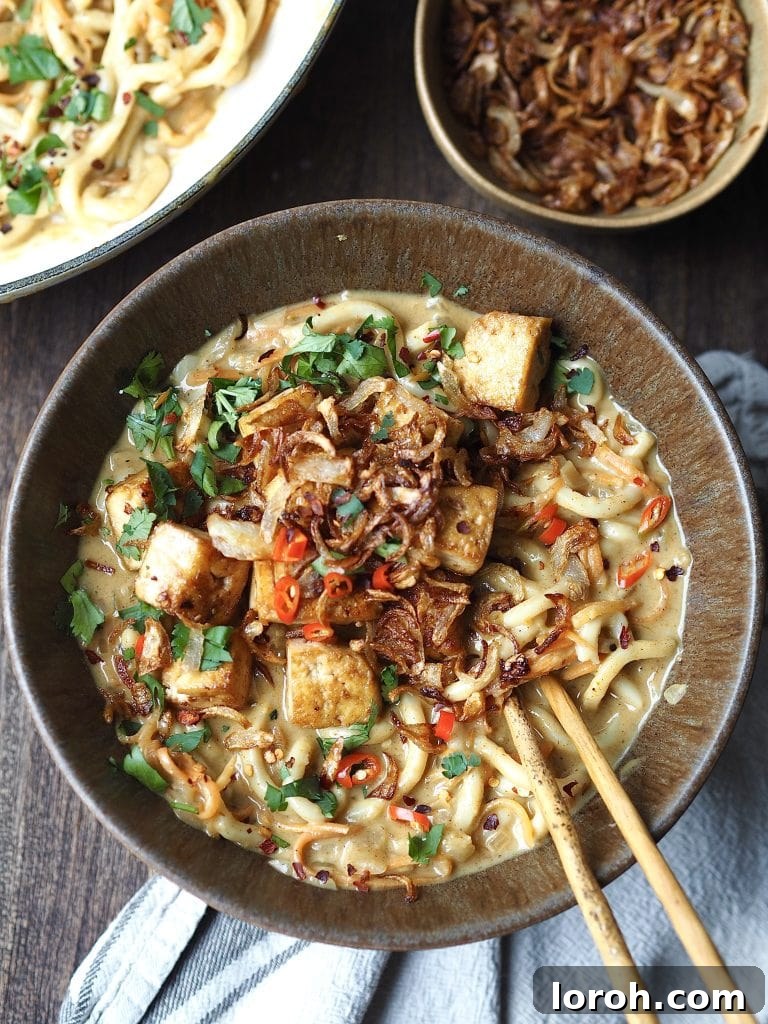 A bowl of curry udon topped with crispy shallots and tofu.