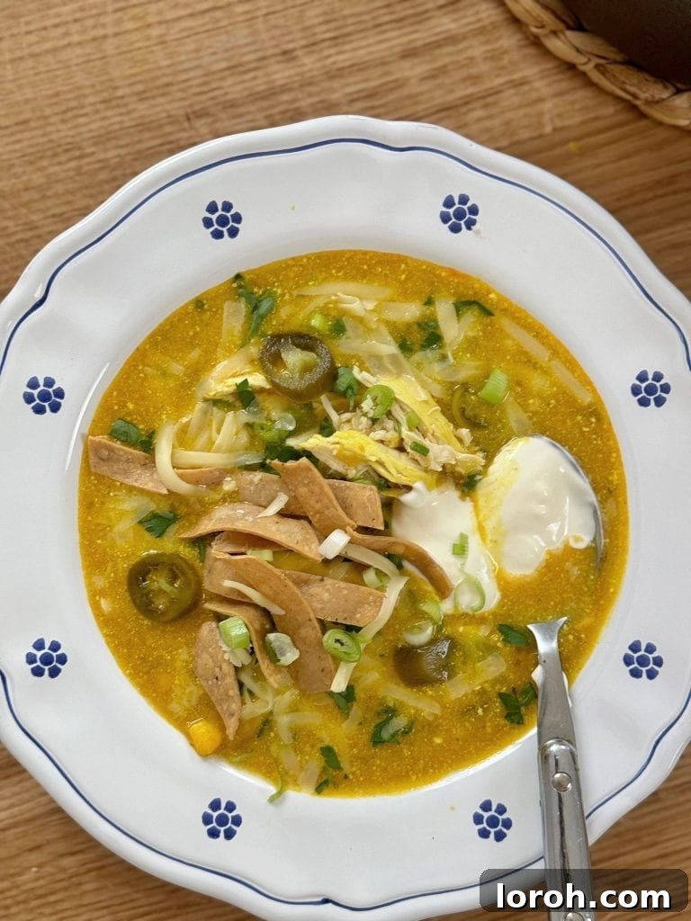 Bowl of chicken chilli con carne in a white bowl with blue flowers and a spoon of sour cream, garnished with fresh herbs.