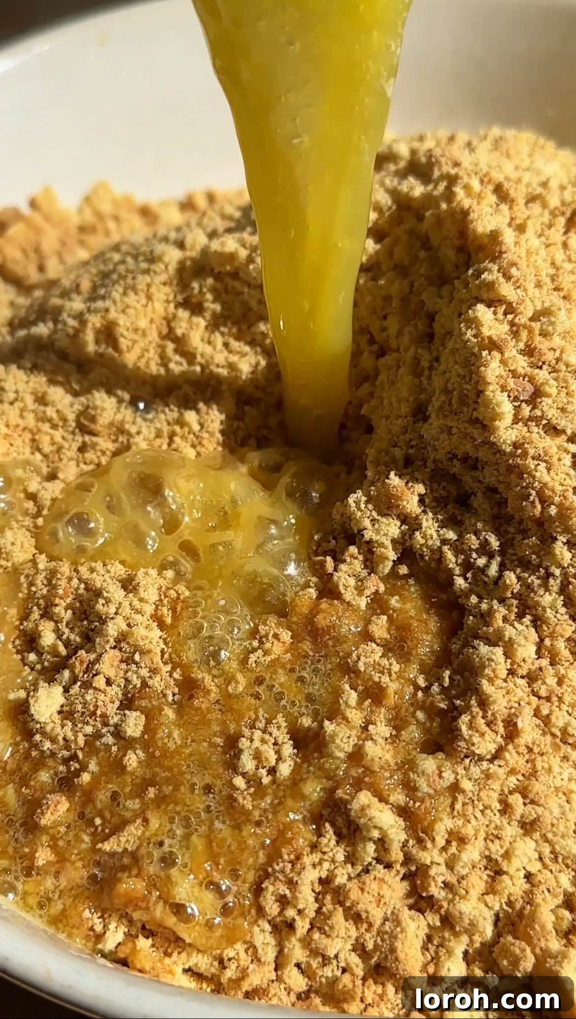 Melted butter being incorporated into finely crushed biscuit crumbs in a food processor, creating a damp, sandy texture for the cheesecake base.