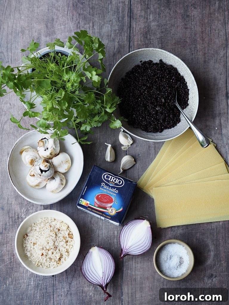 Fresh cooking ingredients laid out on a clean grey background, including lentils, mushrooms, tomatoes, and herbs, ready for preparation, highlighting their freshness.
