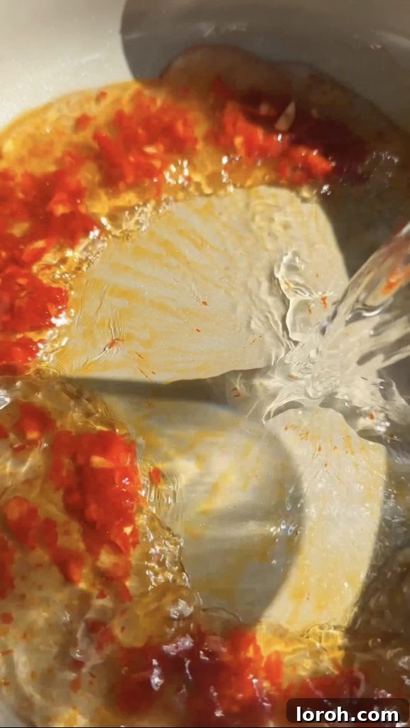 Korean Fire Cheese Noodles 5 Pouring water into the pan with gochujang and garlic, creating the rich base for the ramen sauce.