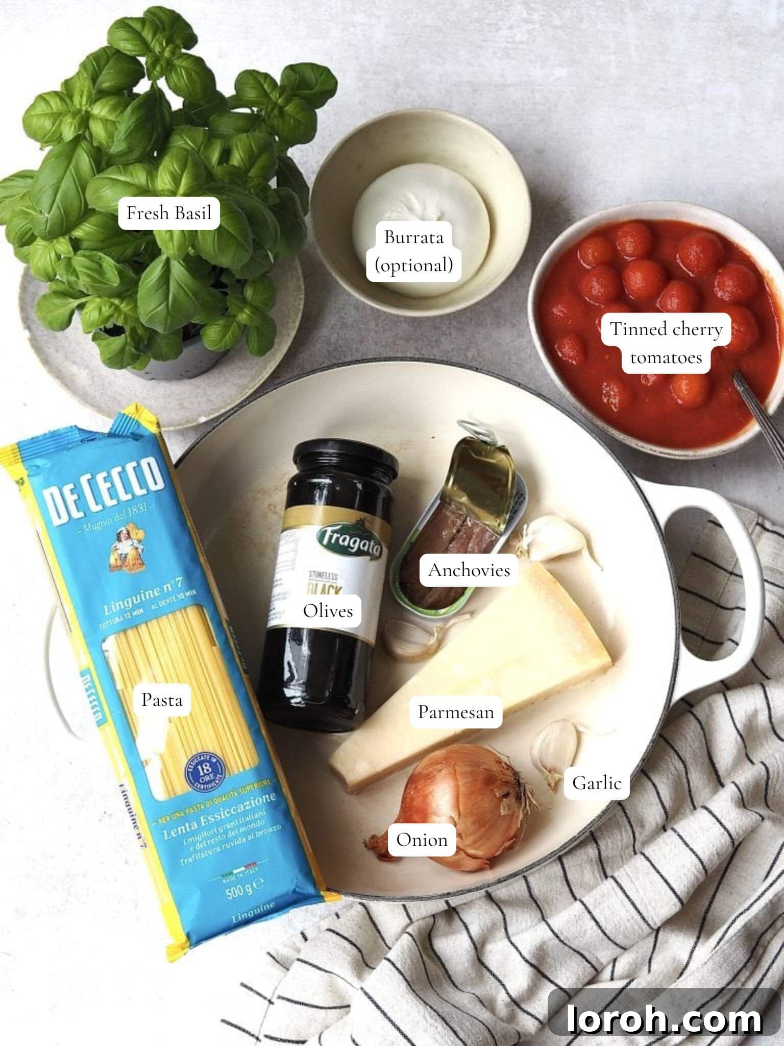 Bold Penne Puttanesca 4 An assortment of labelled ingredients for penne puttanesca, including pasta, tomatoes, anchovies, olives, garlic, and capers.