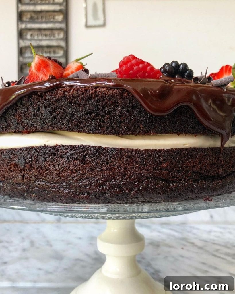 Simply Decadent Chocolate Cake 2 A stunning side view of a moist chocolate cake, generously filled with whipped cream and elegantly topped with fresh berries and a luscious chocolate ganache.