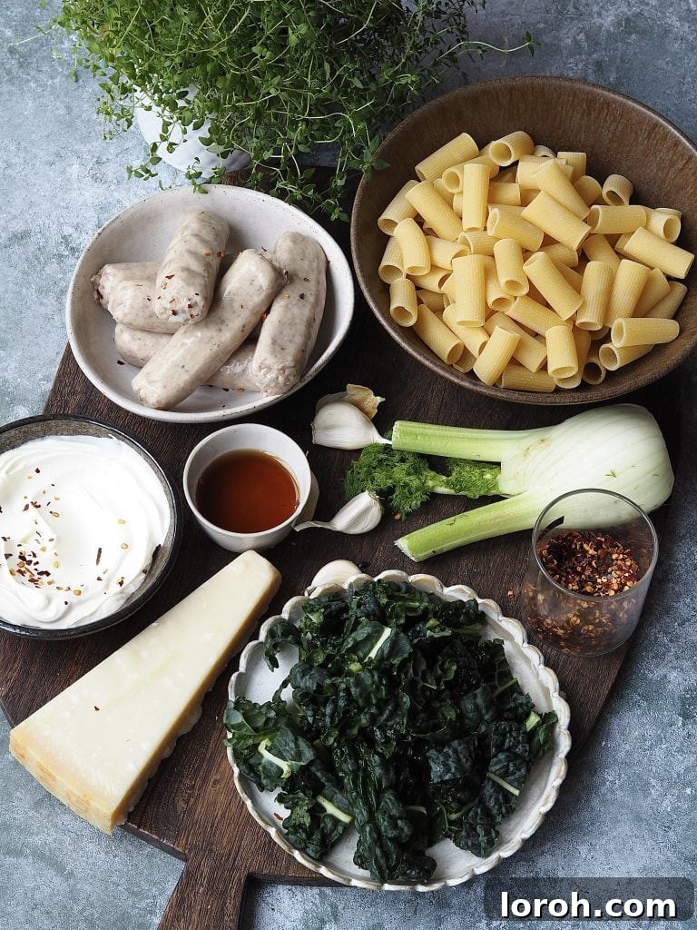 Chili-Fennel Sausage Rigatoni with Tuscan Kale 4 Ingredients to make Creamy Sausage and Fennel Rigatoni on a wooden board.