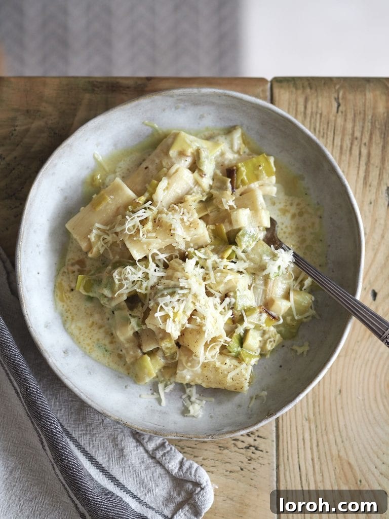 Velvety Caramelized Leek & Gruyère Pasta 2 Stone bowl of creamy leek pasta topped with grated cheese.