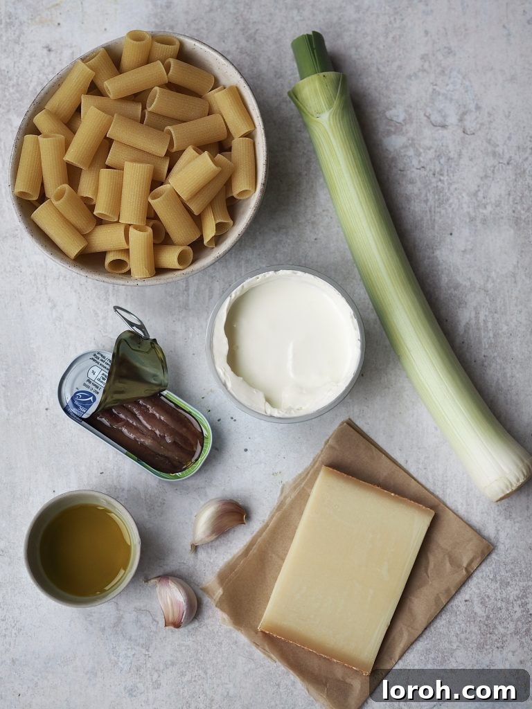 Velvety Caramelized Leek & Gruyère Pasta 4 Ingredients to make Creamy Caramelized Leek Pasta with Gruyere on a grey background.