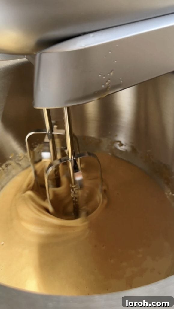 Whisking eggs, sugar, and vanilla in a mixing bowl with an electric mixer until light and airy.