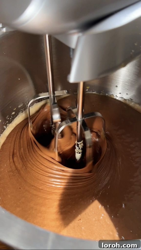 Mixing the dry ingredients into the chocolate batter to form a smooth, thick consistency for the brownie cookies.