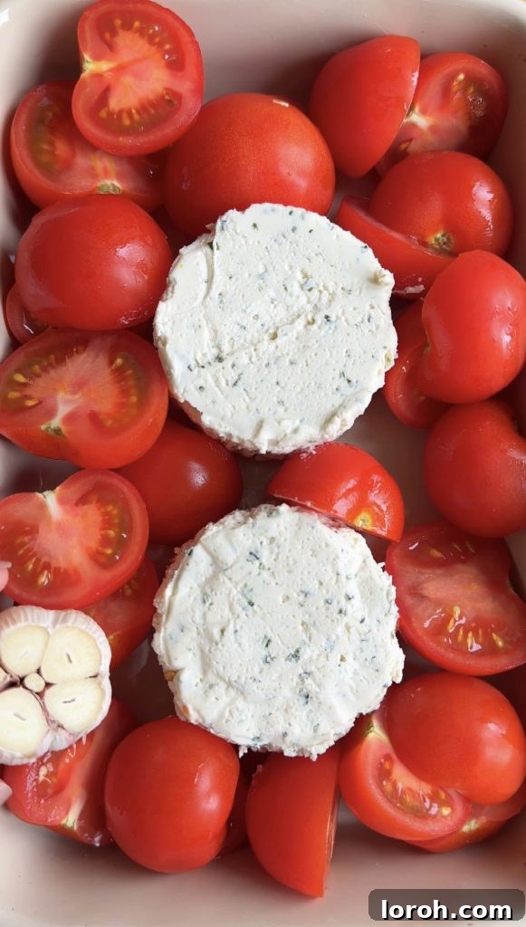 Uncooked Boursin cheese, halved ripe tomatoes, and a whole garlic head arranged in a roasting pan before baking.