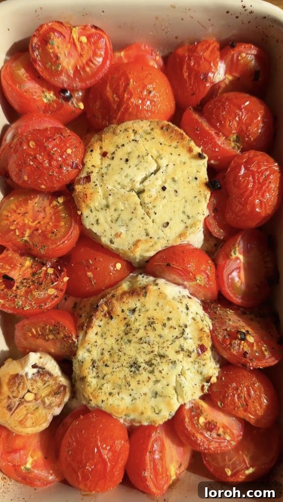 A roasting tin with perfectly blistered and caramelized roasted Boursin, tomatoes, and a softened head of garlic, fresh from the oven.