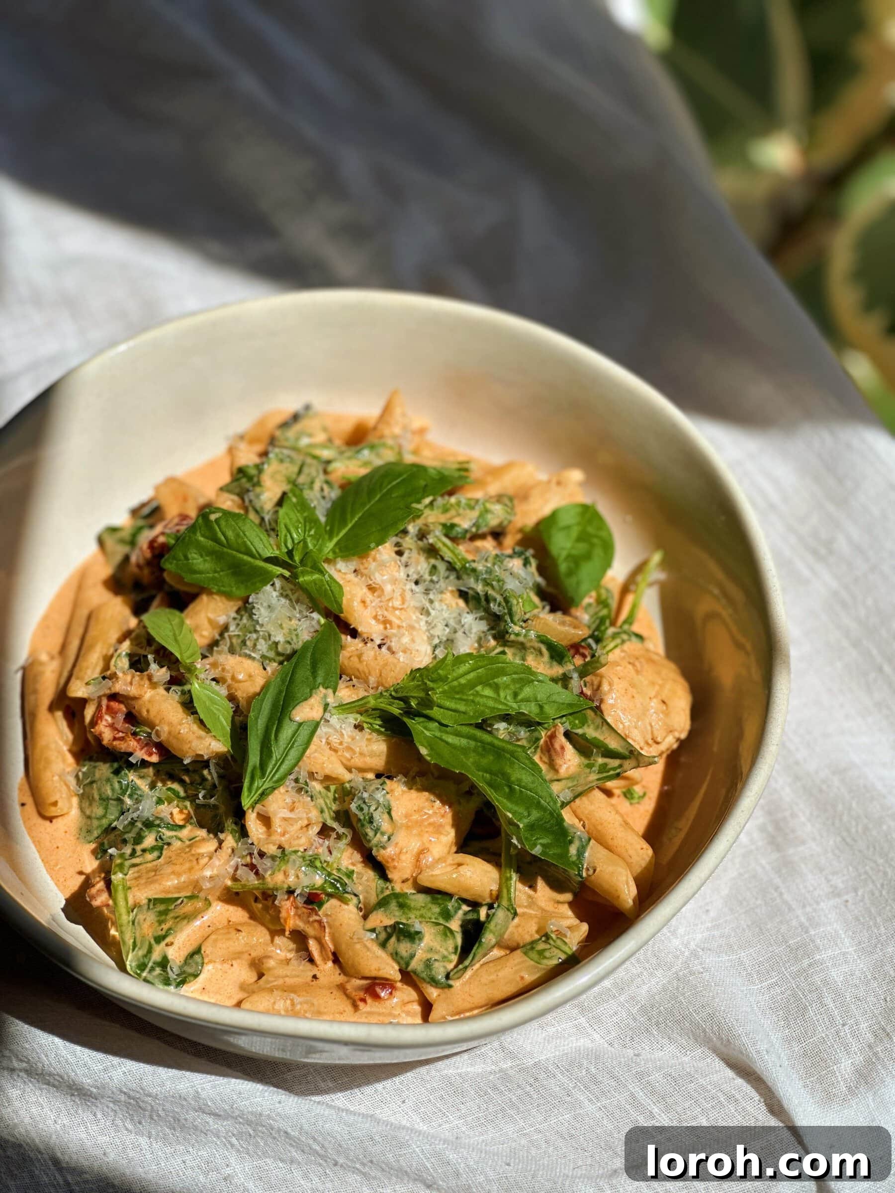 Heavenly Tuscan Chicken Pasta 3 A close-up view of Marry Me Chicken Pasta served in a white bowl, showcasing the rich, creamy sauce, chicken pieces, sun-dried tomatoes, and fresh spinach.