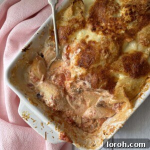 Aubergine pasta with giant shells in a baking dish with a spoon