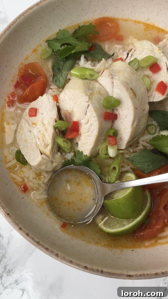 Spoon in the broth of Thai Chicken Soup With Rice in a beige bowl
