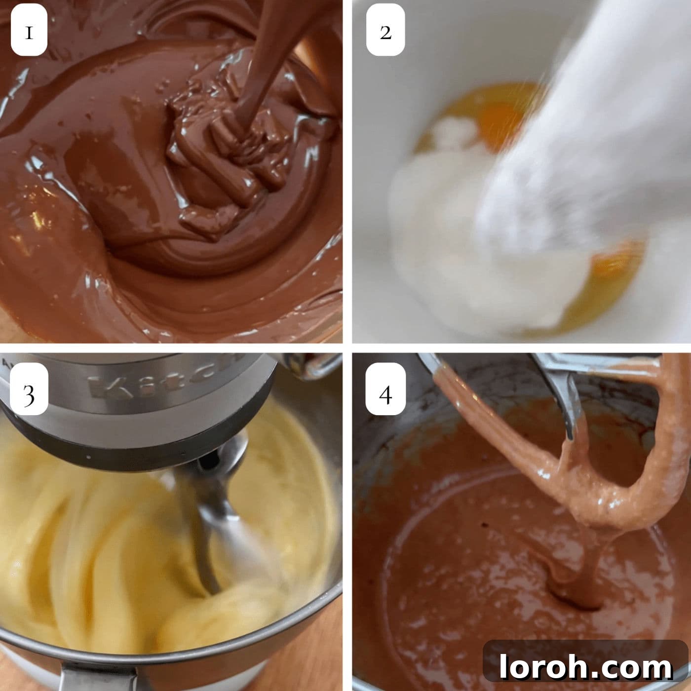 Step-by-step images showing the preparation stages of chocolate mud cake, from melting chocolate to combining ingredients.