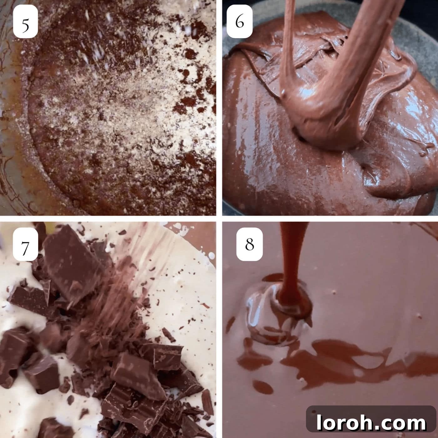Further step-by-step images demonstrating how to mix dry ingredients, add liquids, and prepare the cake for baking.