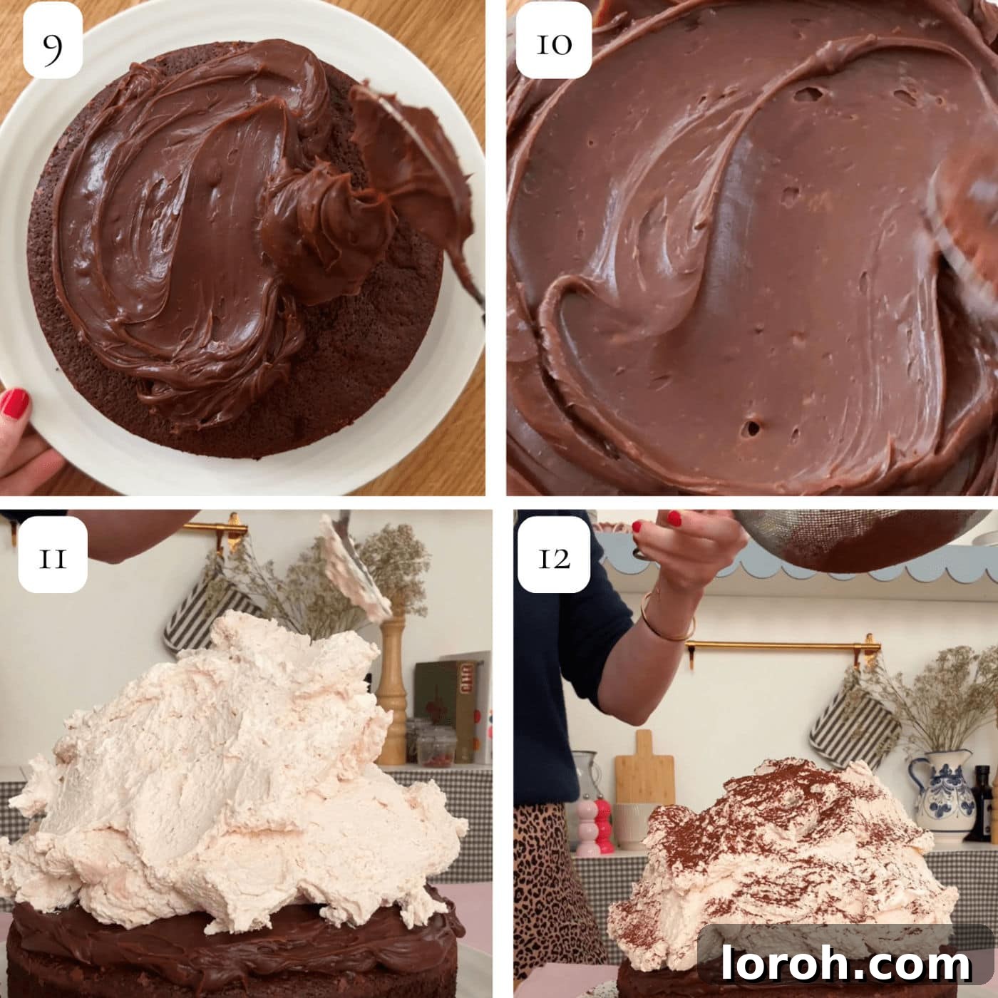 Decadent Chocolate Mud Cake with Malted Cream 6 Final steps of chocolate mud cake assembly, showing ganache spread, whipped cream piled, and cocoa dusted.