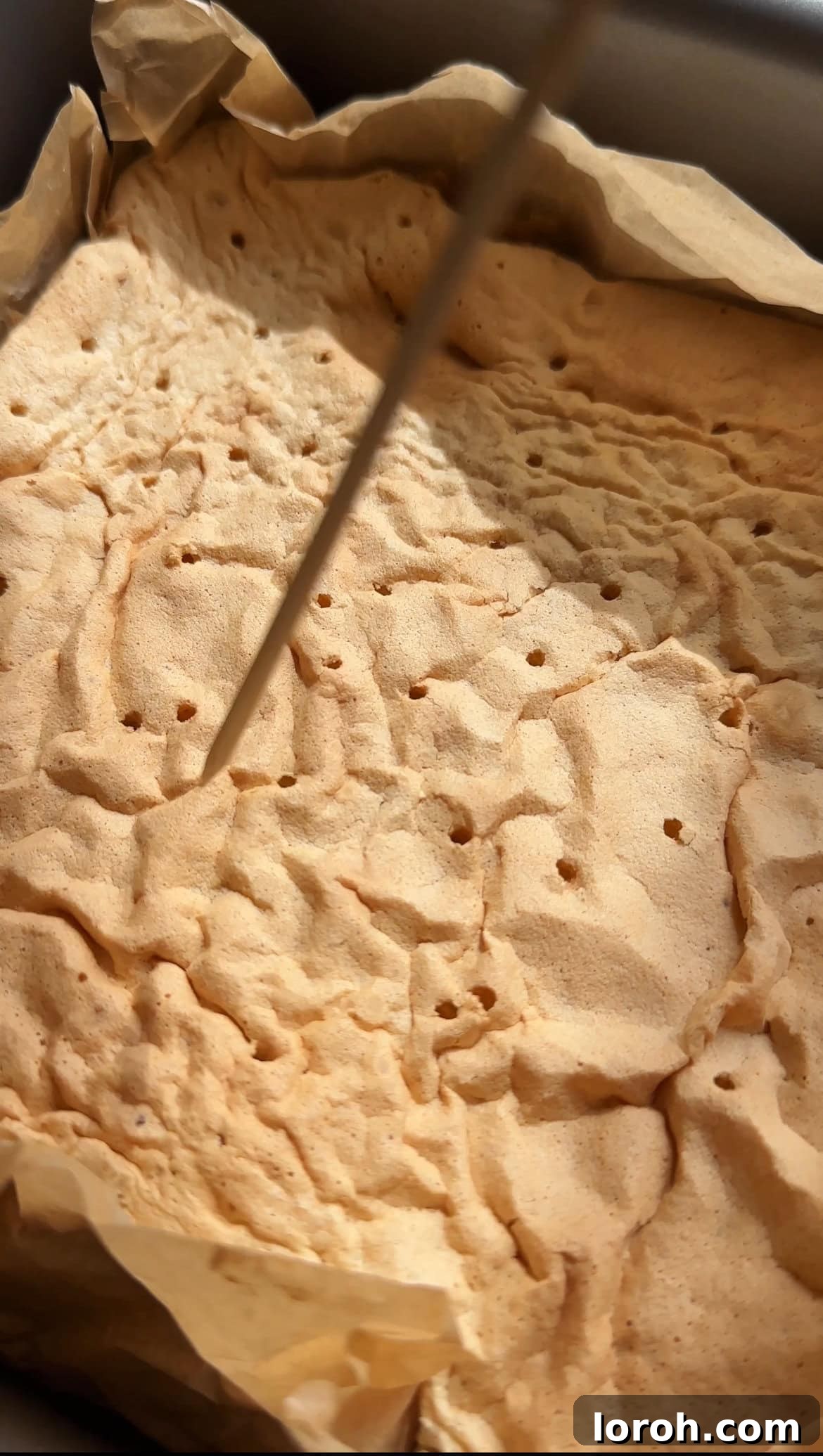 Poking numerous holes into the baked sponge cake with a skewer to prepare for the milk soak.
